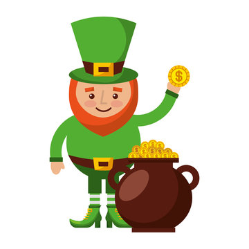 cartoon leprechaun holding gold coin and pot money st patricks vector illustration