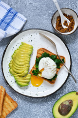Quick breakfast - poached egg with toast, spinach and avocado.
