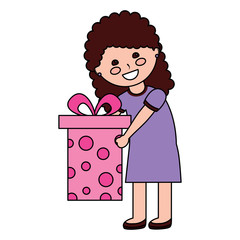 cute happy girl holding ribbon bow wrapped gift box vector illustration