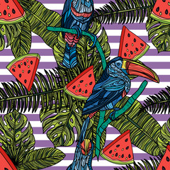 Seamless pattern with tropical leaves, watermelon slices and toucans.