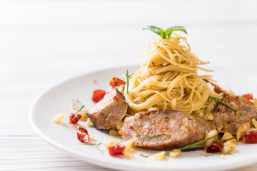 Stir-Fried Spaghetti with Sai Aua (Notrhern Thai Spicy Sausage)