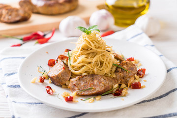 Stir-Fried Spaghetti with Sai Aua (Notrhern Thai Spicy Sausage)