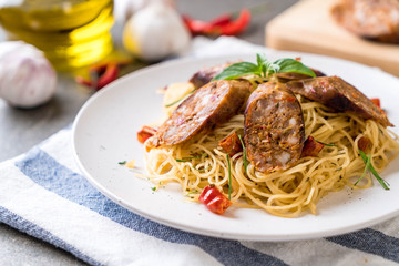 Stir-Fried Spaghetti with Sai Aua (Notrhern Thai Spicy Sausage)