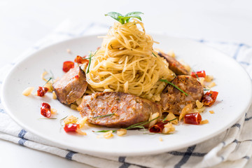 Stir-Fried Spaghetti with Sai Aua (Notrhern Thai Spicy Sausage)