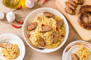 Stir-Fried Spaghetti with Sai Aua (Notrhern Thai Spicy Sausage)