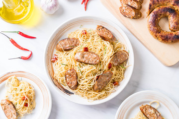 Stir-Fried Spaghetti with Sai Aua (Notrhern Thai Spicy Sausage)
