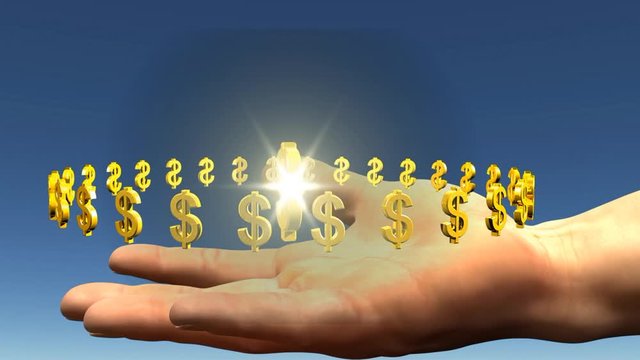 Rotazione dei simboli del dollaro in oro su una mano aperta distesa