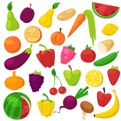 Fruits vegetables vector healthy nutrition of fruity apple banana and vegetably carrot for vegetarians eating organic food from grocery illustration vegetated set diet isolated on white background