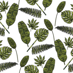 Seamless pattern with tropical leaves.