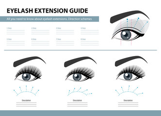 Eyelash extension guide. Direction schemes. Tips and tricks for lash extension. Infographic vector illustration. Template for Makeup and cosmetic procedures. Training poster - obrazy, fototapety, plakaty