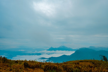 high mountains peaks range clouds in fog scenery landscape national park view outdoor  at Chiang Rai, Chiang Mai Province, Thailand