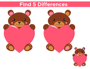Valentines day educational game for children. Find five differences. Kawaii bear with pink heart. Vector illustration
