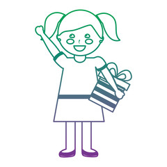 cute happy girl holding ribbon bow wrapped gift box vector illustration color line gradient