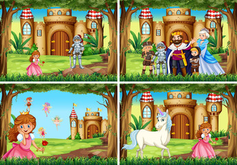 Four background scene with princess and knight by the palace