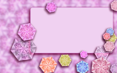 Mock up background decorated with multicolored creative floral sexangles. Pale pink greeting card with text place. Template for invitations, postcards, scrapbooking, posters, flyers, web pages