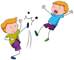 Bully boy kicking his friend