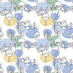 Seamless pattern in scandinavian style with cute tree and leaves