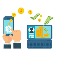 Money transfer using mobile device, smart phone with banking payment app. Internet banking, contactless payment, financial transactions around the world. Flat vector concept on white background.