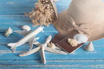 Tourist travel planning concept on blue wooden with airplane, Travel Concept