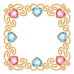 Decorative frame with golden chains and gemstones. Luxury invitation or greeting card template. Vector Illustration.