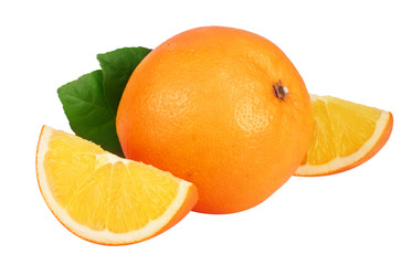 Orange with slice and leaf isolated on the white background