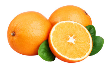 Orange with slice and leaf isolated on the white background