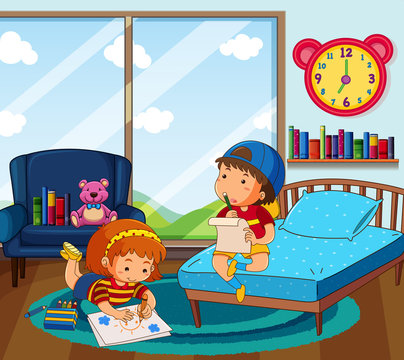 Boy and girl drawing picture in bedroom