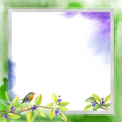 green Square watercolor frame With a bird on a branch. Texture background for design.