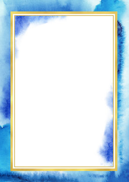 Rectangular watercolor frame. Abstract blue background for design.
