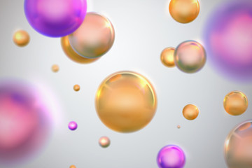 Abstract background with glossy golden and purple spheres