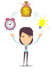 Fototapeta na wymiar Young woman and idea, money time in business. Stock flat vector illustration.