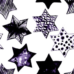 Seamless Watercolor Stars Pattern. Magic Festive Background. Hand Drawn Doodle Stars. Baby Design. Abstract Rapport for Wallpaper, Textile, Linen, Wrapping, Posters, Cards, Banner. New Year, Birthday 