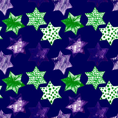 Seamless Watercolor Stars Pattern. Magic Festive Background. Hand Drawn Doodle Stars. Baby Design. Abstract Rapport for Wallpaper, Textile, Linen, Wrapping, Posters, Cards, Banner. New Year, Birthday 