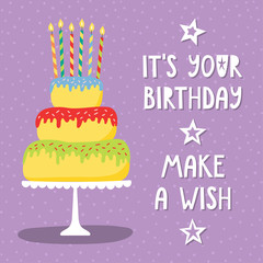 Hand drawn birthday card with a cartoon layer cake with candles, with typography. Vector illustration. Isolated objects. Design concept for children, birthday celebration.