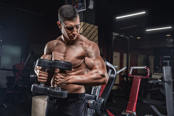 Fototapeta na wymiar Young handsome male athlete bodybuilder weightlifter, doing exercises for the development of muscles of the biceps using sports equipment - dumbbells. 