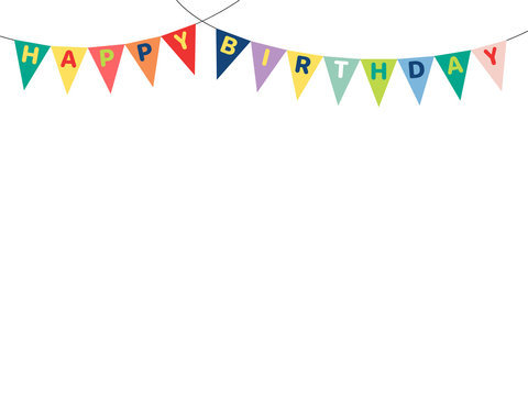 Hand drawn vector illustrations with bunting, Happy Birthday letters written on the flags. Isolated objects on white background. Design concept for children, birthday celebration.