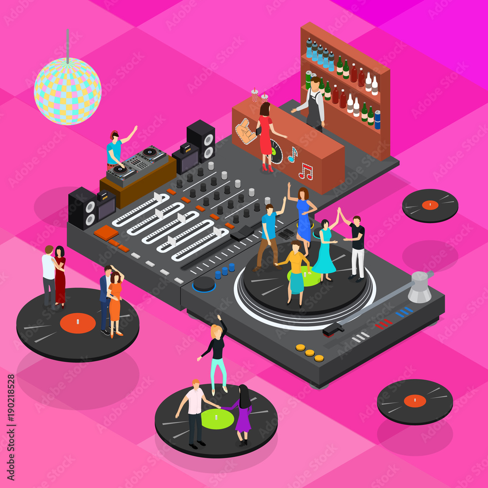 Wall mural DJ Club Bar Concept 3d Isometric View. Vector