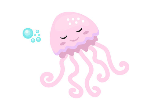 Cute jellyfish icon flat, cartoon style. Isolated on white background. Vector illustration