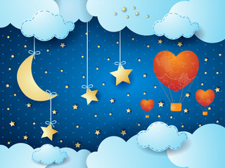 Valentine background with surreal night, moon and hot air balloons