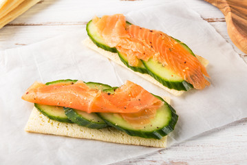 Gluten Free Crispbread, Cucumber Slices and Smoked Salmon