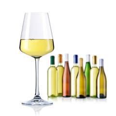 white wine glass and bottles isolated on white