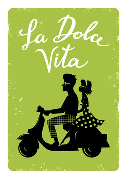 la dolce vita/Happy couple on a scooter. Silhouette. Vector illustration.