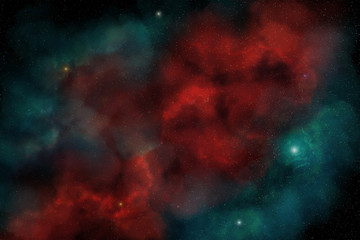 Red space star nebula in Space Background. Digital painting.	