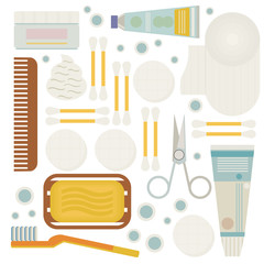 Isolated vector set illustration with various bathroom objects and body care for family. Rubber duck, soap bubbles, bast, soap, toothpaste, toothbrush, cotton wool, ear wax, comb, cream, perfume.