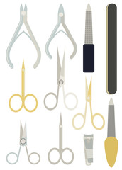 A collection set vector of manicure accessories - nail files, manicure tools, nail scissors, tweezers, nail polish, sticks. hand cream, nail polish remover, brush. 