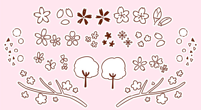 かわいい桜の手描き風アイコンセット（モノクロ）