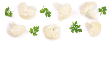 Piece of cauliflower with parsley isolated on white background with copy space for your text. Top view. Flat lay