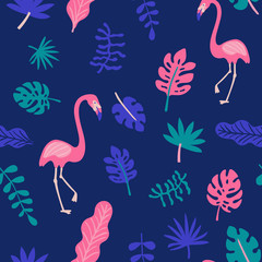 Summer exotic floral tropical palm leaves, flamingo background. Vector abstract memphis seamless pattern. Plant flower nature wallpaper.