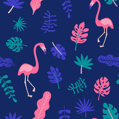 Fototapeta premium Summer exotic floral tropical palm leaves, flamingo background. Vector abstract memphis seamless pattern. Plant flower nature wallpaper.