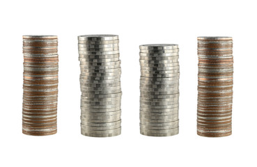 Row of coins stack isolated on white background.